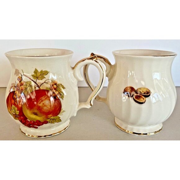 Vintage Sadler England Coffee Mugs Pair of 2 Fruit Motif Gold Rim Swirl - Picture 3 of 7